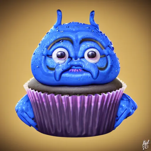 Prompt: A humanoid tasty looking cupcake with bushy eyebrows and grumpy face, blue light, extra detailed, digital illustration, by MARGARET ANN EDEN, digital painting, Matte painting, trending on artstation and unreal engine