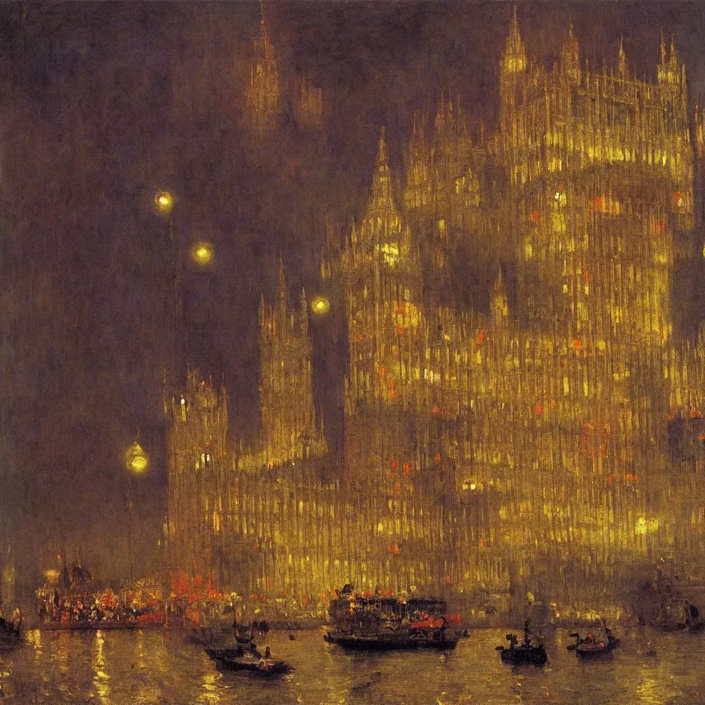 Prompt: the houses of parliament, menacing lighting, 1915, brightly colored highly detailed oil on canvas, by Ilya Repin