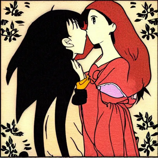 Image similar to ghibli style illustration of the personification of light and the personification of darkness kissing