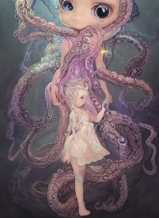 Image similar to A full shot of a cute magical monster Cryptid wearing a dress made of opals and tentacles. Chibi. Subsurface Scattering. Translucent Skin. Caustics. Prismatic light. defined facial features, symmetrical facial features. Opalescent surface. Soft Lighting. beautiful lighting. By Giger and Ruan Jia and Artgerm and WLOP and William-Adolphe Bouguereau and Loish and Lisa Frank. Sailor Moon. trending on artstation, featured on pixiv, award winning, sharp, details, intricate details, realistic, Hyper-detailed, HD, HDR, 4K, 8K.