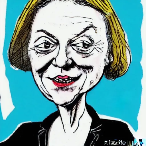 Image similar to Liz Truss looking sad, political cartoon, style of Ralph Steadman