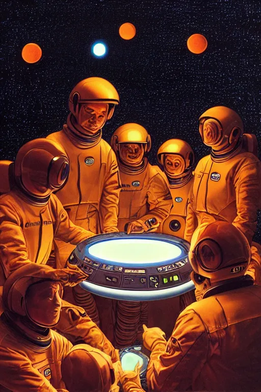 Image similar to an illustration of the crew of a spaceship are huddled over a glowing console, by barclay shaw