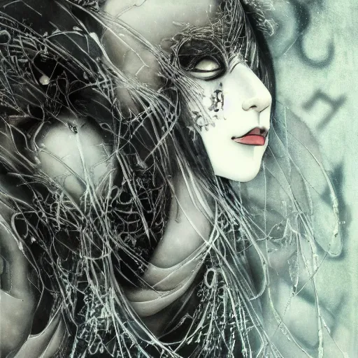 Image similar to yoshitaka amano blurred and dreamy realistic illustration of a japanese woman with black eyes, black lipstick, wavy white hair fluttering in the wind wearing elden ring armor with engraving, abstract patterns in the background, satoshi kon anime, noisy film grain effect, highly detailed, renaissance oil painting, weird portrait angle, blurred lost edges, three quarter view