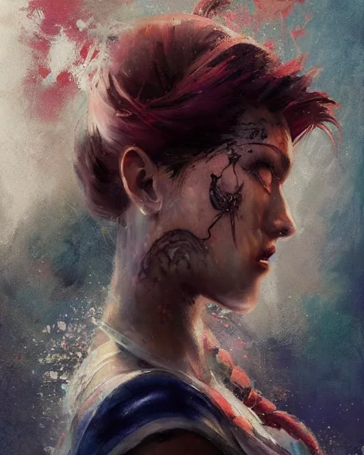 Image similar to an epic painting of sailor moon as a real girl, sailor moon hairstyle, oriental tattoos, realism, dramatic, intricate, by jeremy mann and greg rutkowski, dramatic earth colors, few vivid red highlights, trending on artstation, pixiv, oil on canvas