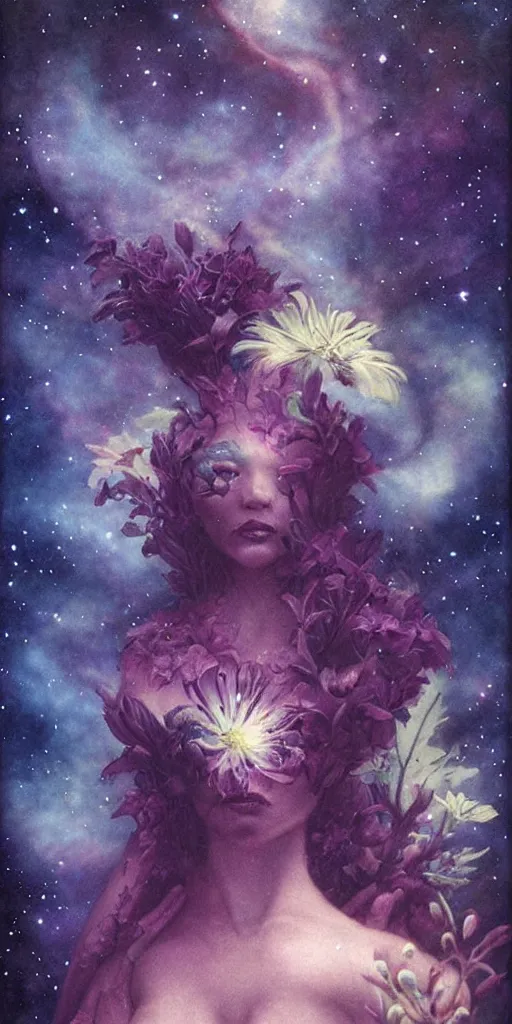 Prompt: tropical flowers, night sky background, nebula, beautiful! coherent! by brom, by brian froud, deep color, strong line, high contrast