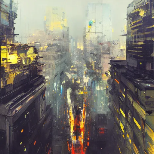 Prompt: back facing city, invert gravity, by greg rutkowski, by jeremy mann, by francoise nielly,, 4 k, 8 k,