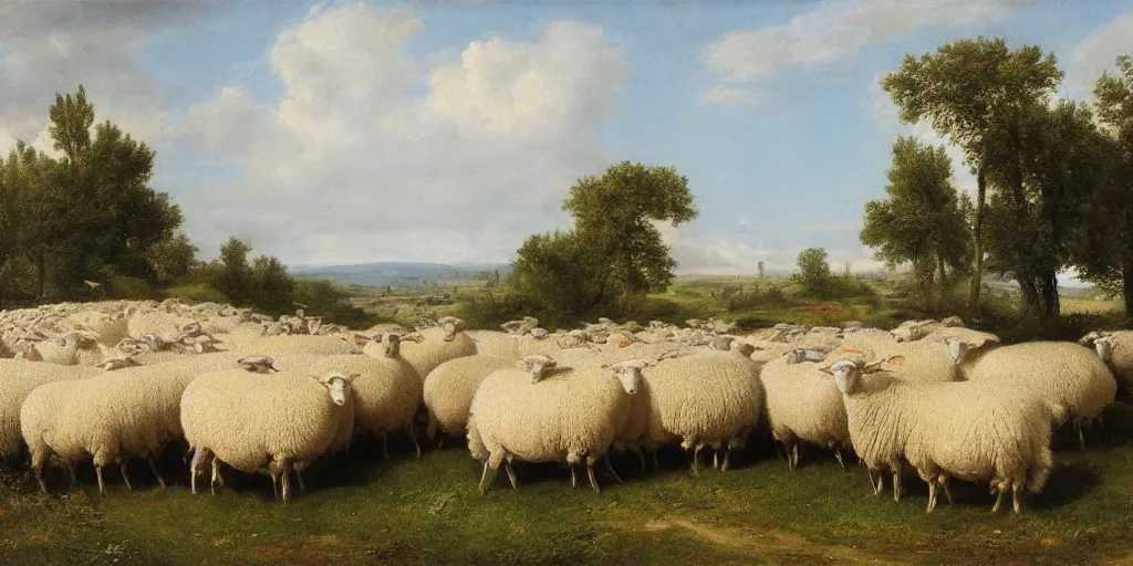 Image similar to artwork by eugene von guerard, max bedulenko, maria fortuny, a herd of sheep