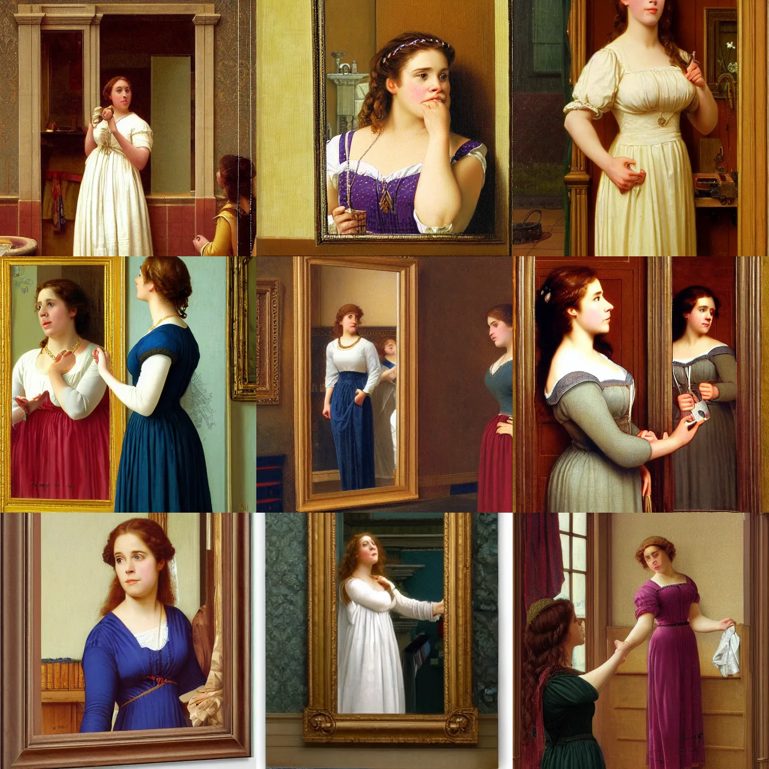 Prompt: pam beesly looking in mirror, surprised, pulling her own clothes, by edmund blair leighton