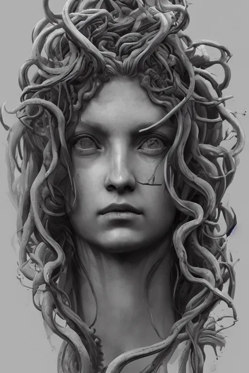 Image similar to A portrait of medusa statue by Greg Rutkowski, Sung Choi, Mitchell Mohrhauser, Maciej Kuciara, Johnson Ting, Maxim Verehin, Peter Konig, Bloodborne , 8k photorealistic, cinematic lighting, HD, high details, dramatic, atmospheric , trending on artstation