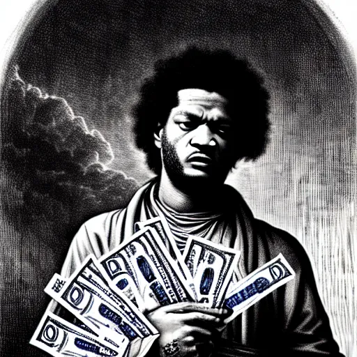 Image similar to fredo santana rapper holding stacks of cash, biblical image, style of gustave dore, highly detailed, beautiful, high contrast, black and white