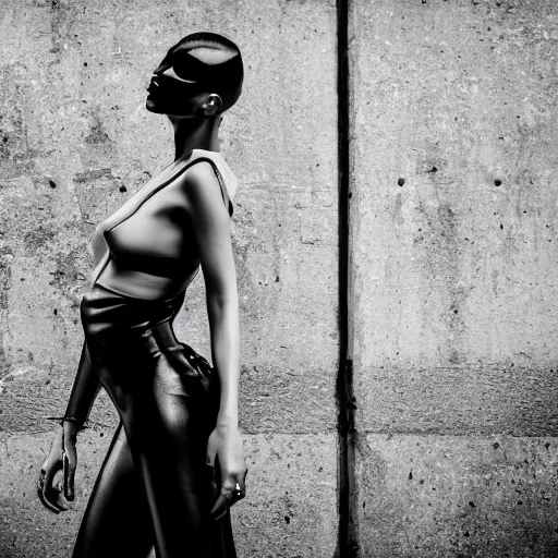 Prompt: fashion photography of model with the head of a doberman, wearing futuristic hip - hop fashion, inside berghain, futuristic fashion, photo 3 5 mm leica, hyperdetail, 8 k, very detailed, black and white