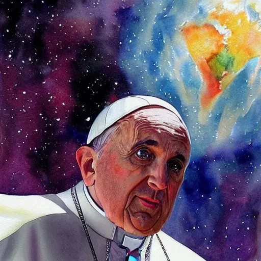 Prompt: pope in space. watercolor. dramatic. amazing painting. formal. beautiful. high resolution. highly realistic. close - up. trending on artstation