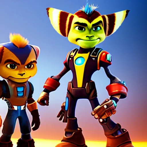 Prompt: ratchet and clank meets robert downey jr