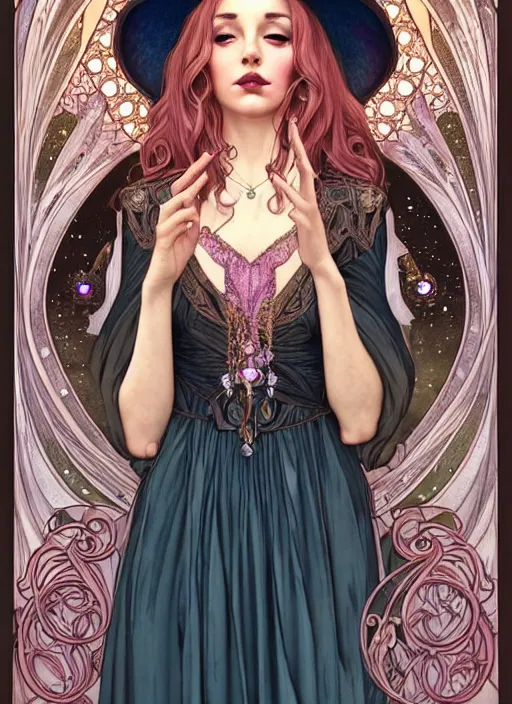 Prompt: fantastic portrait of a beautiftul witch with some shinny star, royally decorated crystal gemstones, symmetrical face, art nouveau, portrait, cute, fairy, by artgerm, kelly mckernan, charlie bowater, alphonse mucha, detailed background, artstation, intricate, elegant, highly detailed
