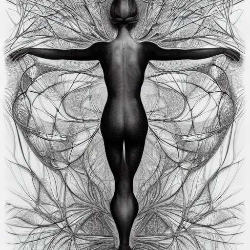 Image similar to hyper detailed bw linear pencil drawing, woman ballet dancer, organic symmetric shapes by ernst haeckel