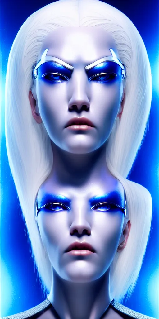 Image similar to hyperrealistic close-up of art deco cyborg woman with white hair and pearlescent blue skin wayne barlowe machiej kuciara very dramatic lighting on one side wide angle 35mm shallow depth of field 8k