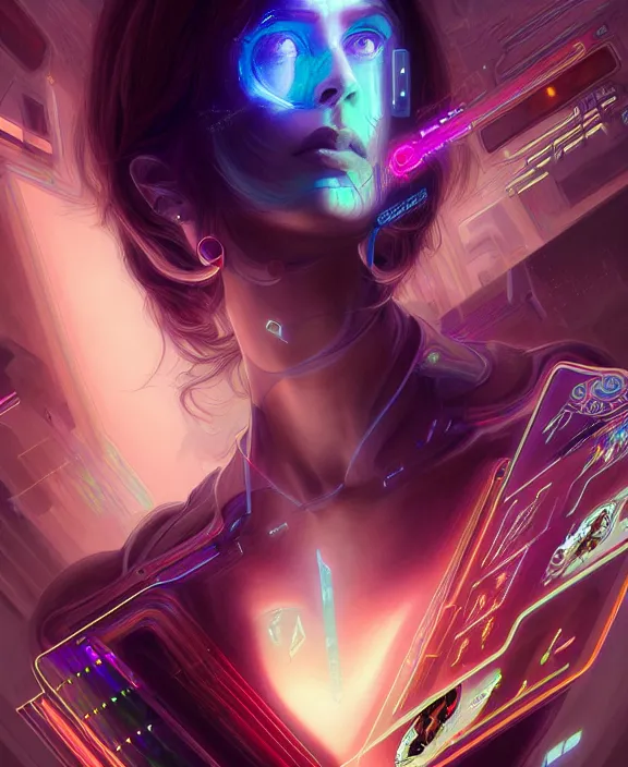 Image similar to a whirlwind of souls rushing inside the metaverse, hologram, half body, neurochip, shaved temple, piercing, jewelry, android, cyborg, cyberpunk face, by loish, d & d, fantasy, intricate, elegant, highly detailed, colorful, digital painting, artstation, concept art, art by artgerm and greg rutkowski and alphonse mucha