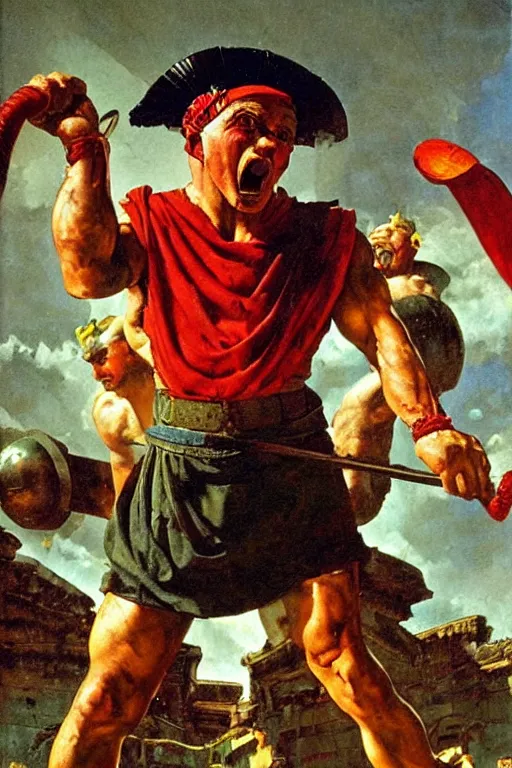 Image similar to popeye as a gladiator in ancient rome, masterpiece, dramatic light and shadow, saturated colors, ciaroscuro. painted by norman rockwell