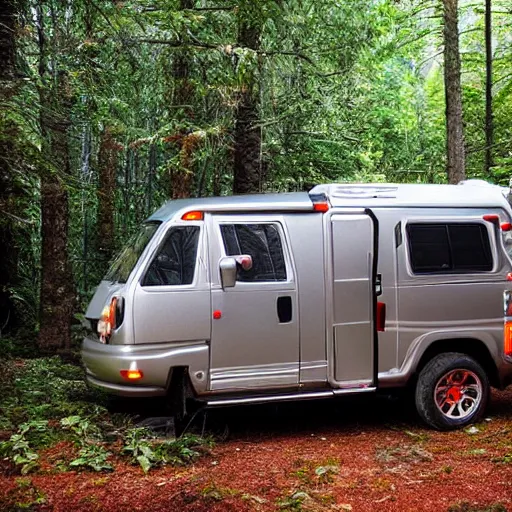 Image similar to a silver metallic camper in a forest clearing, with a red pillar of light in the background of the image