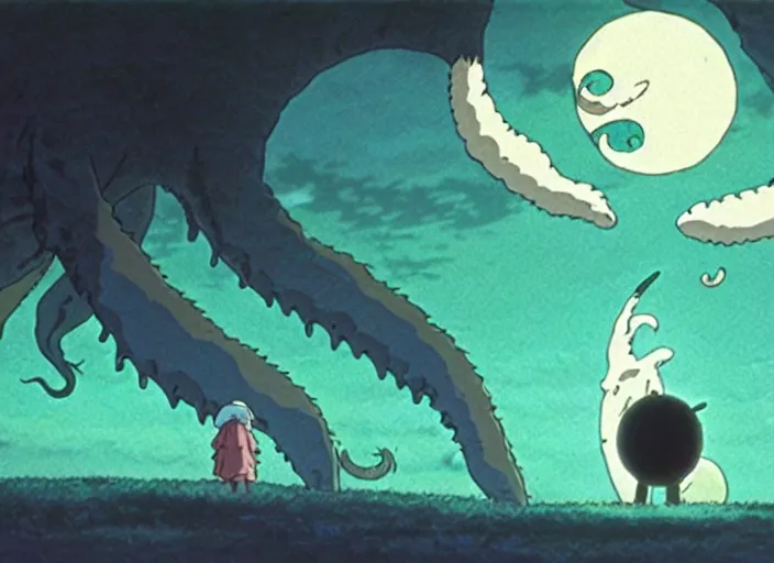 Image similar to a still from a studio ghibli movie of a cartoon cthulhu from princess mononoke ( 1 9 9 7 ), in front of a pale full moon, full body, wide shot, very dull muted colors, studio ghibli, highly detailed, deviantart, art by artgem