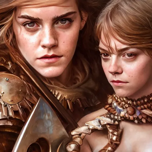 Prompt: a portrait of emma watson and emma stone as a barbarian, detailed, centered, digital painting, artstation, concept art, donato giancola, joseph christian leyendecker, wlop, boris vallejo, breathtaking, 8 k resolution, extremely detailed, beautiful, establishing shot, artistic, hyperrealistic, beautiful face, octane render