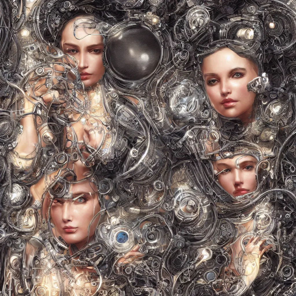 Image similar to very beautiful woman integrating with technology, full face frontal, portrait, insipiring, detailed intricate ornate cables connected to head, big open electric eyes, luxurious detailed abundent wiring and implants, diamonds, sci-fi, neon, emeralds, detailed technology full background, highly detailed, artstation, Rene Lalique and Eddie Mendoza and Gil Elvgren