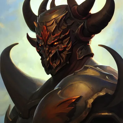 Prompt: Greg Manchess portrait painting of a large-horned demonic, devil armored character from league of legends, medium shot, asymmetrical, profile picture, Organic Painting, sunny day, Matte Painting, bold shapes, hard edges, street art, trending on artstation, by Huang Guangjian and Gil Elvgren and Sachin Teng