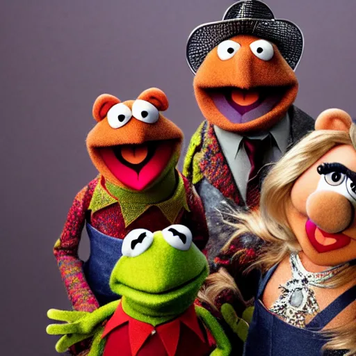 Image similar to the muppets in a satanic heavy metal band, 4k, high detail, high-resolution photograph, professional photography, ultra-detail