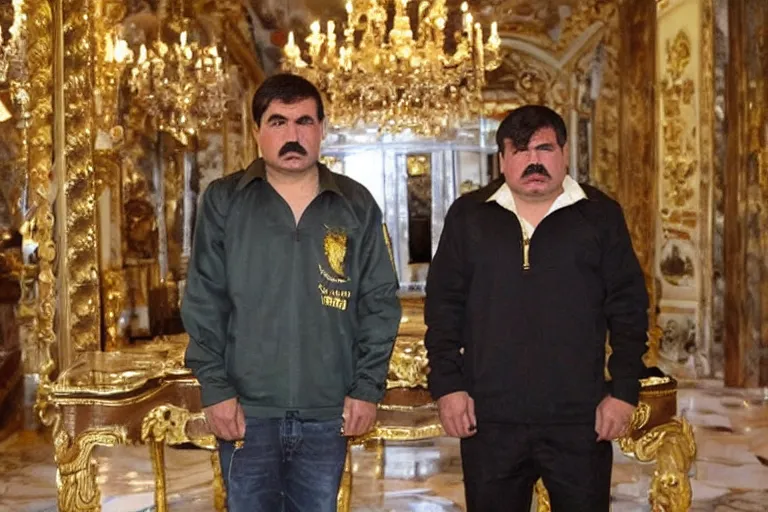 Image similar to el chapo standing in the middle of a grandiose mexican mansion. everything is made out of gold. el chapo is sipping o wine.