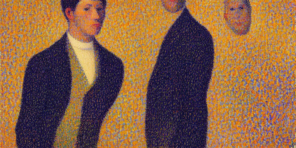 Prompt: a highly detailed portrait of a young man by georges seurat and paul signac, pointillism, post - impressionism, painting
