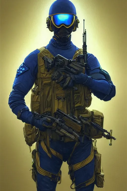 Image similar to a special forces unit soldier modern technology, blue and yellow shoulder patch, realistic portrait full body, symmetrical, highly detailed, digital painting, artstation, concept art, smooth, sharp focus, illustration, cinematic lighting, art by artgerm and greg rutkowski and alphonse mucha