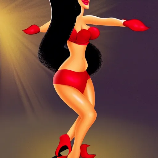 Image similar to jessica rabbit dancing in the spotlight. photorealistic. high details