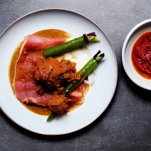 Image similar to pork ham bacon rendang, realistic, sharp focus, 8 k high definition, insanely detailed, intricate, elegant, food photography