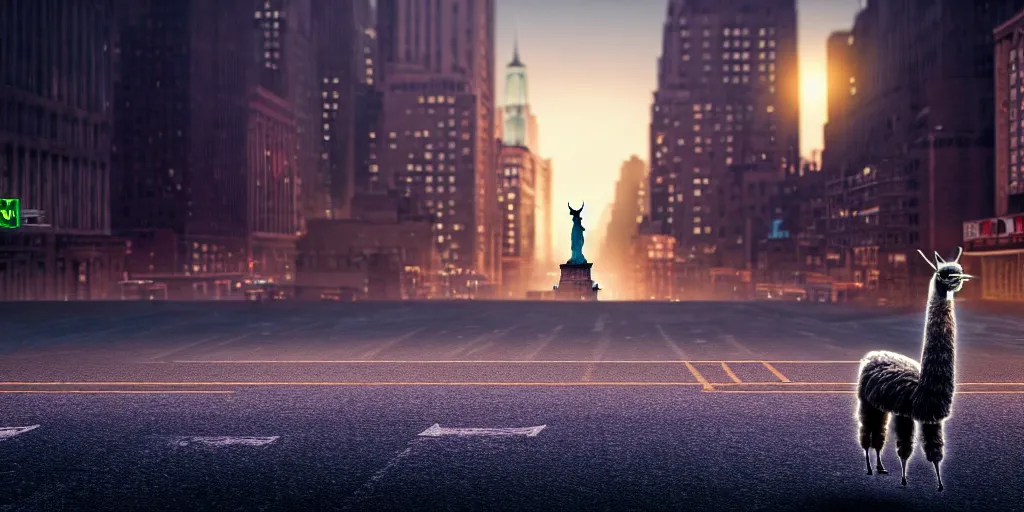 Image similar to a llama walking through a desolate manhattan city street at night, statue of liberty seen in the background, realistic 4 k octane beautifully detailed render, 4 k post - processing, highly detailed, detailed face, intricate complexity, epic composition, magical atmosphere, cinematic lighting, masterpiece, color picture, ultra hd