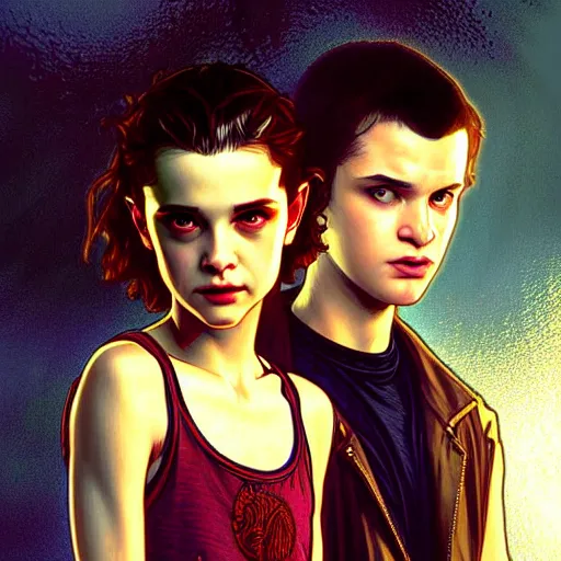 Image similar to Twilight version of Stranger Things, Portrait of Edward and Bella, diffuse lighting, fantasy, intricate, elegant, highly detailed, lifelike, photorealistic, digital painting, artstation, illustration, concept art, smooth, sharp focus, art by Krenz Cushart and Artem Demura and Alphonse Mucha