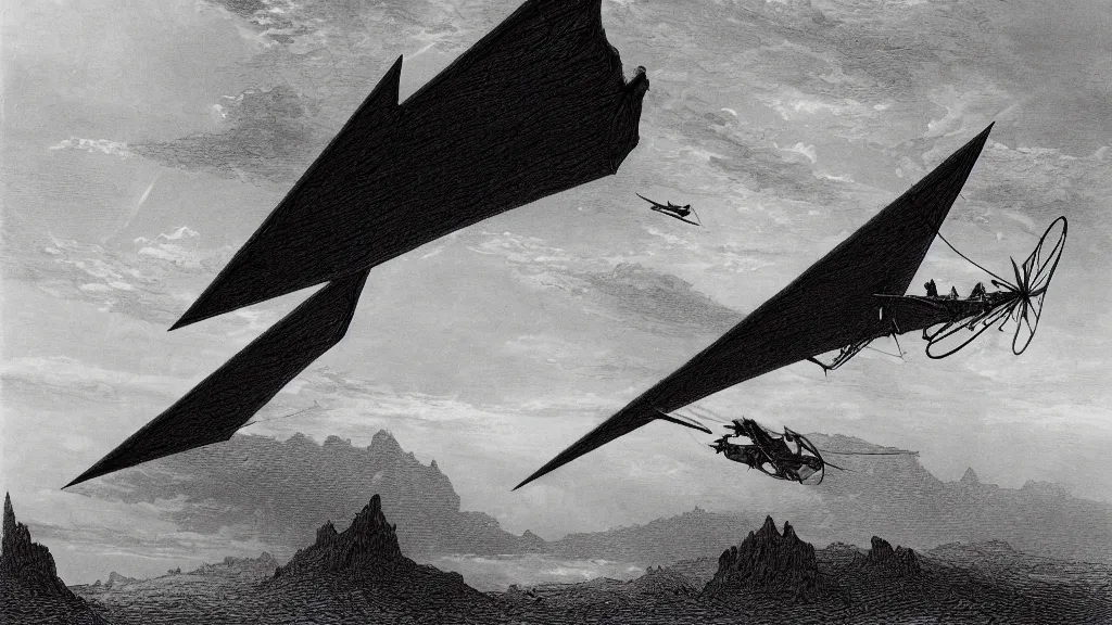 Image similar to drawing of an ornithopter flying toward a desert storm, by gustave dore, nineteenth century, black and white, vintage, science fiction, epic composition, dramatic lighting, highly detailed, cinematic