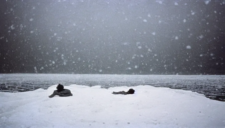Prompt: 1 9 7 0 s movie still by tarkovsky of marcus aurelius dying alone under the snow next to the danube with red drapery, cinestill 8 0 0 t 3 5 mm b & w, high quality, heavy grain, high detail, cinematic composition, dramatic light, anamorphic, hyperrealistic, very foggy