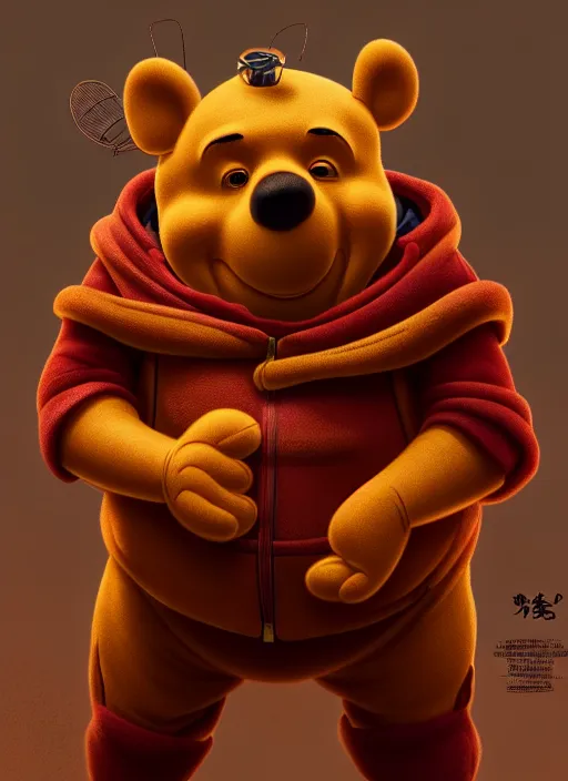 Image similar to winnie the pooh : : polished evil weta cyborg dictator chinese president xi jinping : : disney pixar movie still photo : : hi - fructose, sci fi decadent highly - detailed digital painting, golden ratio, octane render, artstation, smooth, sharp focus, scott robertson, artgerm, mucha, loish, wlop : :