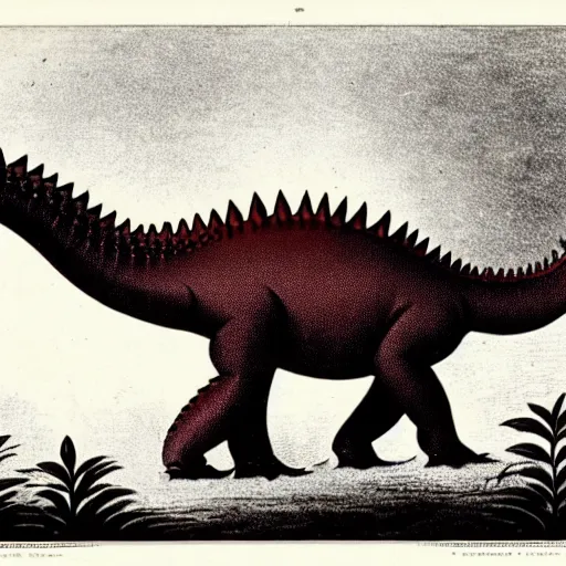 Image similar to antique lithograph from 1 9 0 0 of red stegosaurus, playing a piano