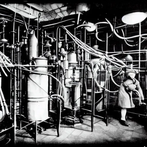 Image similar to old black and white photo, 1 9 1 3, depicting a dieselpunk lab with biomechanical aliens inside vats, historical record