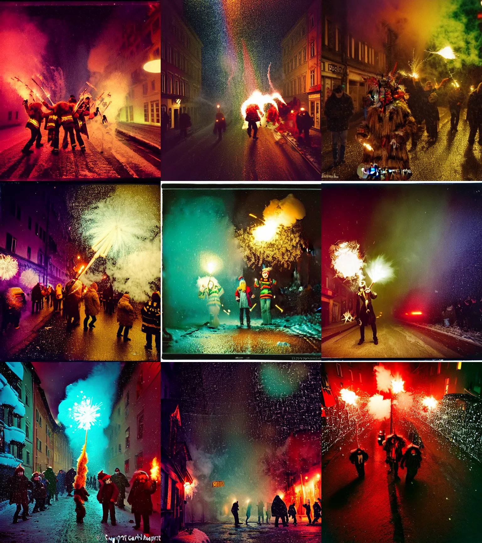 Image similar to kodak portra 4 0 0, wetplate, winter, snowflakes, rainbow coloured rockets, chaos, glitter tornados, award winning dynamic photo of a bunch of hazardous krampus between exploding fire barrels by robert capas, motion blur, in a narrow lane in salzburg at night with colourful pyro fireworks and torches, teal lights