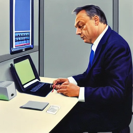 Image similar to viktor orban programming a computer in a cubicle, oil painting