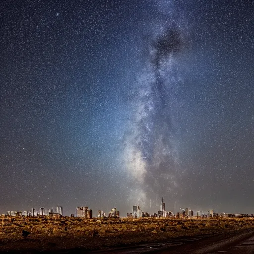 Prompt: a lonely dark city on a plain under the milky way galaxy