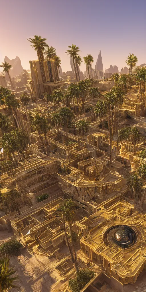 Image similar to eye level view of a contemporary golden detailed babylon tower, fantasy, golden hour, photorealism, arid mountains and palm forest, unreal engine