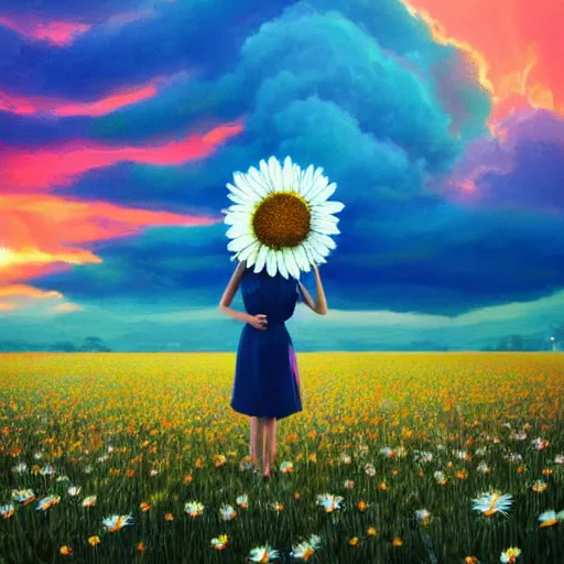 Image similar to giant daisy flower as head, full body girl floating in a flower field, surreal photography, sunrise, dramatic light, impressionist painting, colorful clouds, digital painting, artstation, simon stalenhag