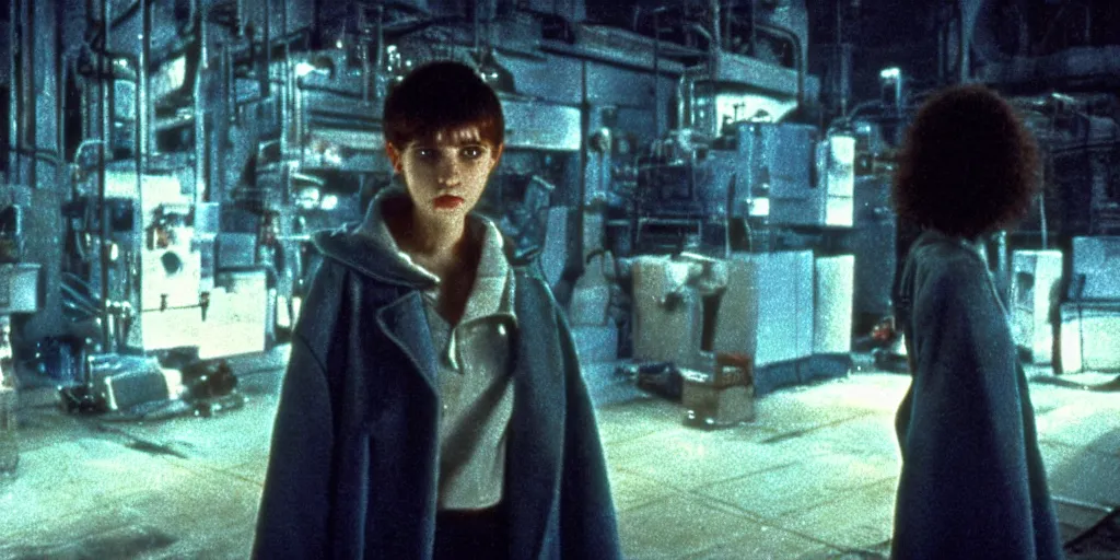 Image similar to at night, a white teenage girl with a pixie haircut in an oversized man's coat hides in the factory district : a still from a scifi dystopian cyberpunk film from 1 9 8 0 s. by steven spielberg, robert zemeckis, francis ford coppola, and james cameron. shot on 3 5 mm film stock.