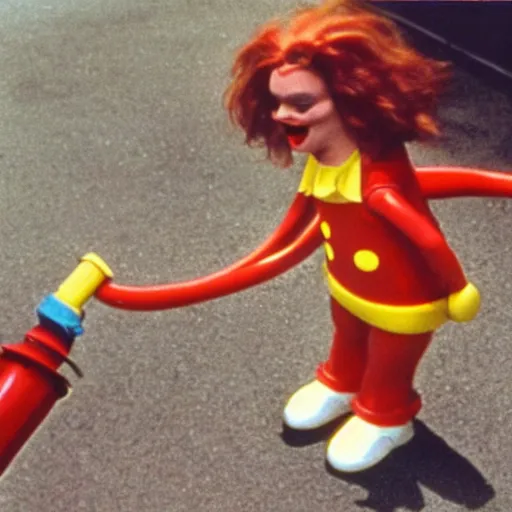 Image similar to ronald mcdonald putting the lotion on its skin or else it gets the hose again, horror, vhs quality, realistic, dutch angle