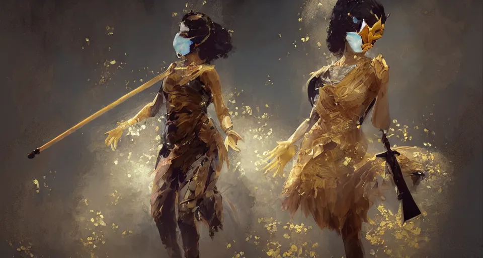 Prompt: craig mullins and ghibli digital art of masked female violinist, exotic costumes, gold jewelry, black hair, theater, large audience, solo on stage unreal engine, hyper realism, realistic shading, cinematic composition, realistic render, octane render, detailed textures, photorealistic, wide shot