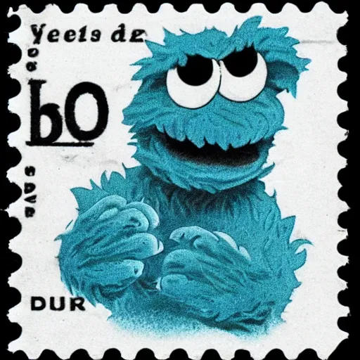 Image similar to cookie monster in the style of a 1 9 2 0 s vintage mailing stamp