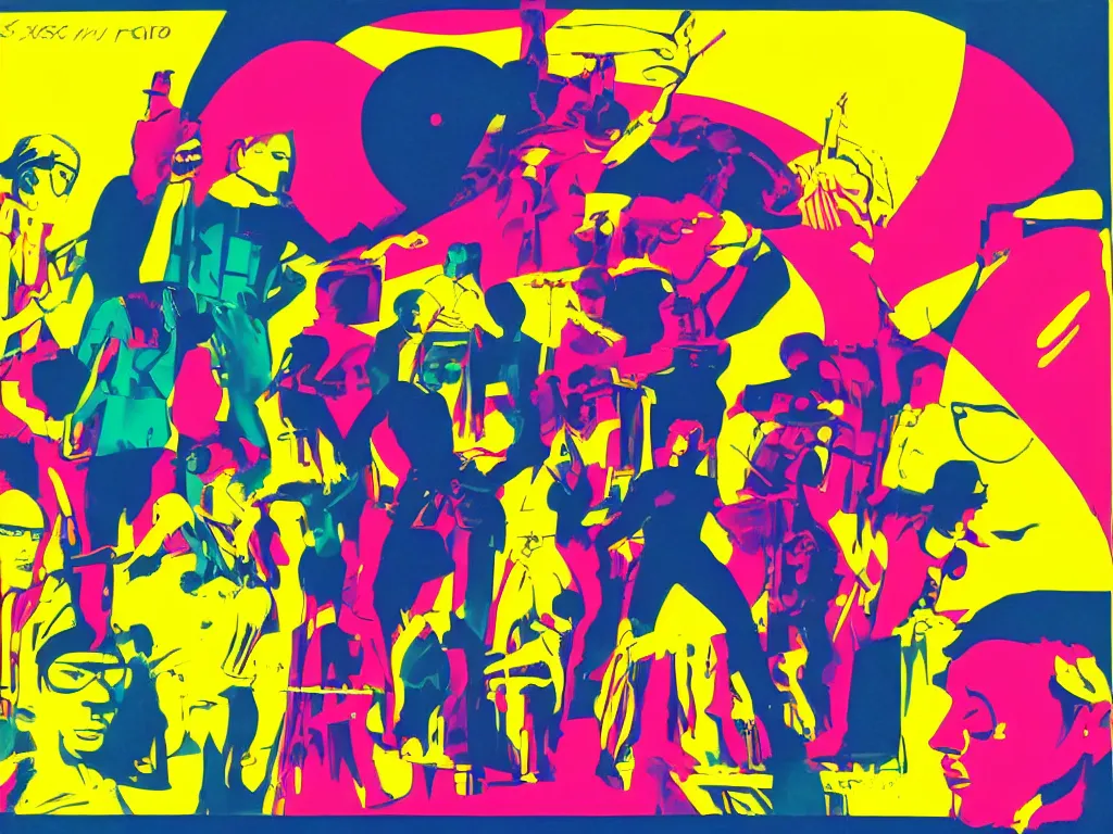 Image similar to Science fiction disco in silhouette, 1960s pop art with bold, bright colors by Evelyne Axell.